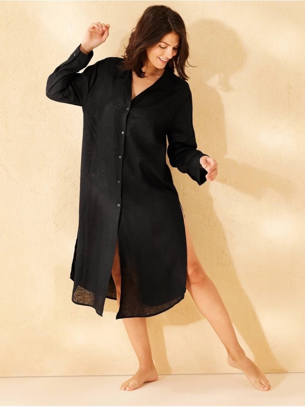 NWT Women's Linen Long Cover up Shirtdress - Shade & Shore Black: